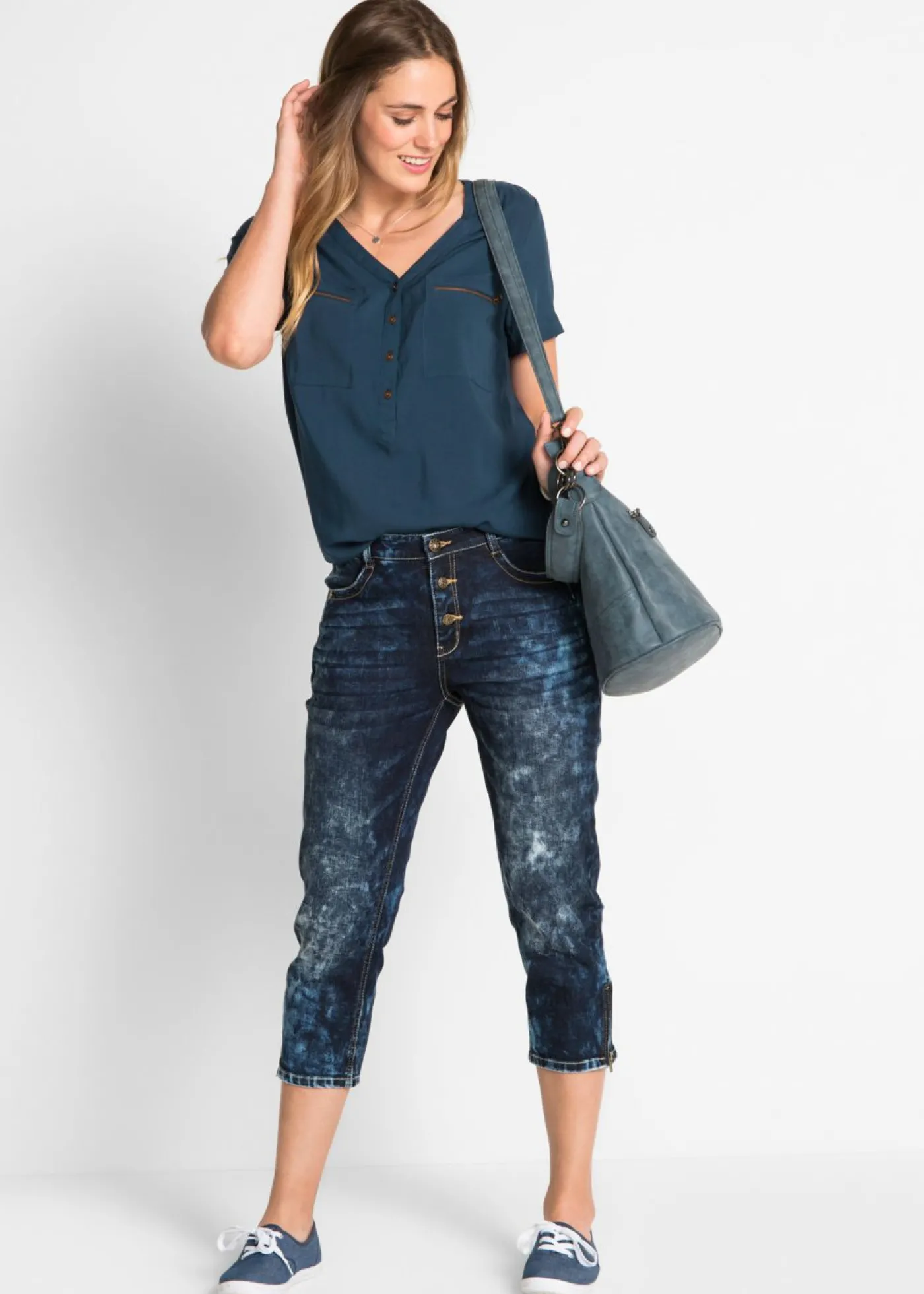 bonprix bonprix Blusa de viscosa con manga corta Azul oscuro Discount