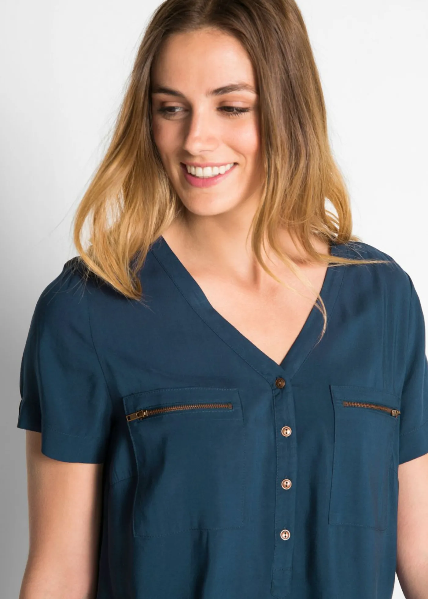 bonprix bonprix Blusa de viscosa con manga corta Azul oscuro Discount