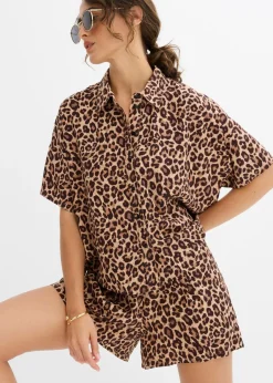 bonprix bonprix Blusa de viscosa fluida estampado leo marrón oscuro Online