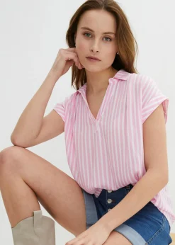 bonprix bonprix Blusa de viscosa fluida con manga corta rosa/blanco con rayas Clearance