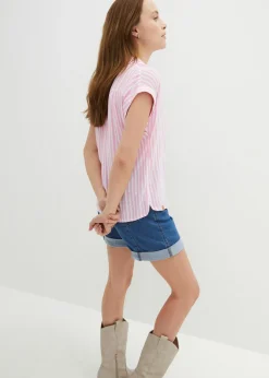 bonprix bonprix Blusa de viscosa fluida con manga corta rosa/blanco con rayas Clearance