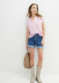 bonprix bonprix Blusa de viscosa fluida con manga corta rosa/blanco con rayas Clearance