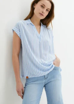 bonprix bonprix Blusa de viscosa fluida con manga corta Azul perla-blanco con rayas New