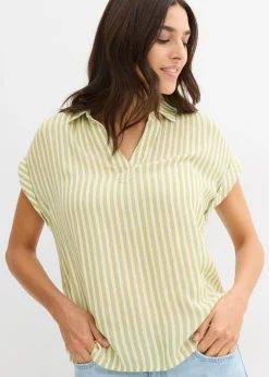 bonprix bonprix Blusa de viscosa fluida con manga corta Pistacho mate/blanco de rayas Discount