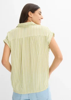 bonprix bonprix Blusa de viscosa fluida con manga corta Pistacho mate/blanco de rayas Discount