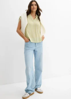 bonprix bonprix Blusa de viscosa fluida con manga corta Pistacho mate/blanco de rayas Discount