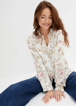 bonprix bonprix Blusa de viscosa pura Blanco lana de flores