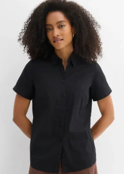 bonprix bonprix Blusa elástica de manga corta de mezcla de algodón Negro Discount