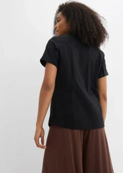 bonprix bonprix Blusa elástica de manga corta de mezcla de algodón Negro Discount
