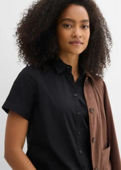 bonprix bonprix Blusa elástica de manga corta de mezcla de algodón Negro Discount