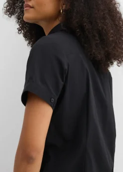 bonprix bonprix Blusa elástica de manga corta de mezcla de algodón Negro Discount