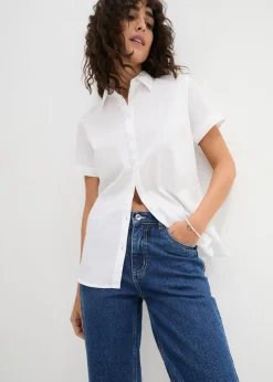 bonprix bonprix Blusa elástica de manga corta de mezcla de algodón Blanco Clearance