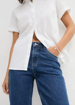 bonprix bonprix Blusa elástica de manga corta de mezcla de algodón Blanco Clearance
