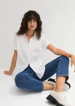 bonprix bonprix Blusa elástica de manga corta de mezcla de algodón Blanco Clearance