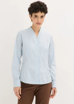 bonprix bonprix Blusa elástica de popelín con cuello chimenea y ligera transparencia azul pálido Best