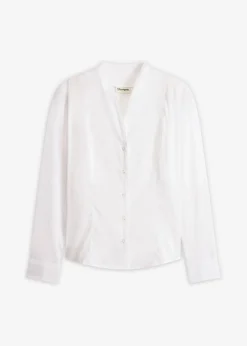 bonprix bonprix Blusa elástica de popelín con cuello chimenea y ligera transparencia Blanco Clearance