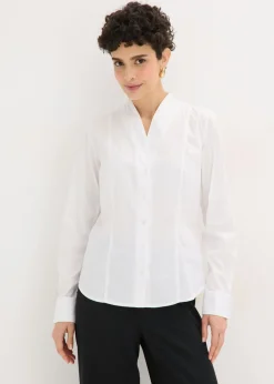 bonprix bonprix Blusa elástica de popelín con cuello chimenea y ligera transparencia Blanco Clearance