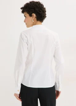 bonprix bonprix Blusa elástica de popelín con cuello chimenea y ligera transparencia Blanco Clearance