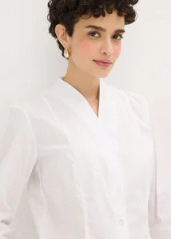 bonprix bonprix Blusa elástica de popelín con cuello chimenea y ligera transparencia Blanco Clearance