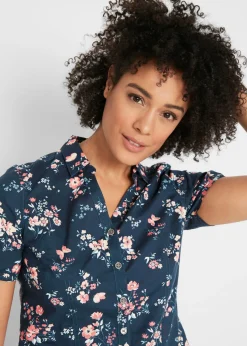 bonprix bonprix Blusa estampada de manga corta Azul oscuro estampado