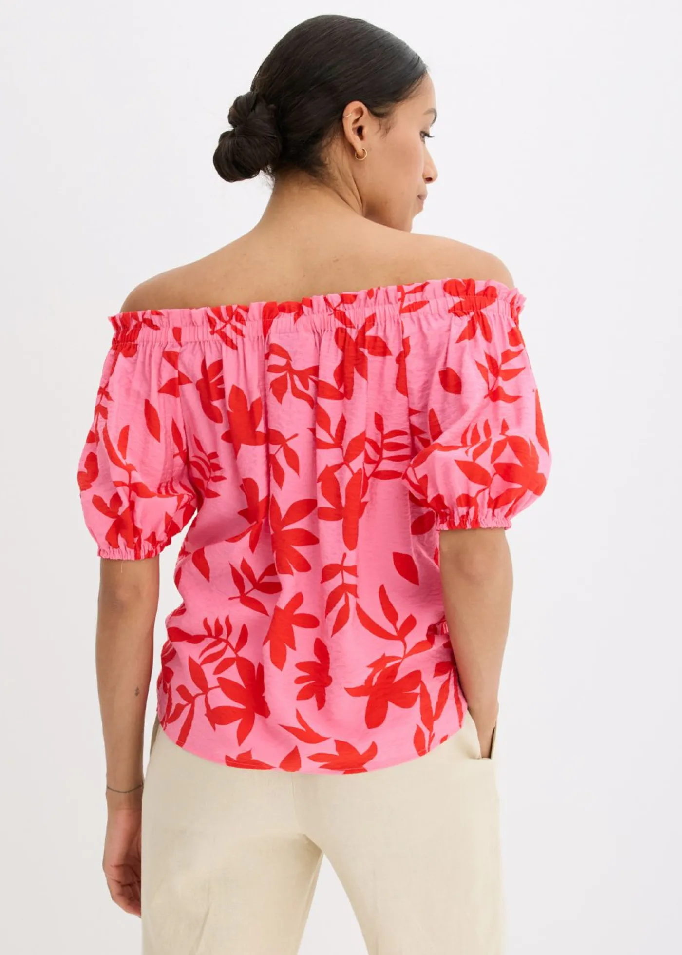 bonprix bonprix Blusa estampada de mezcla de viscosa fina con escote bañera rojo / rosa caliente Hot