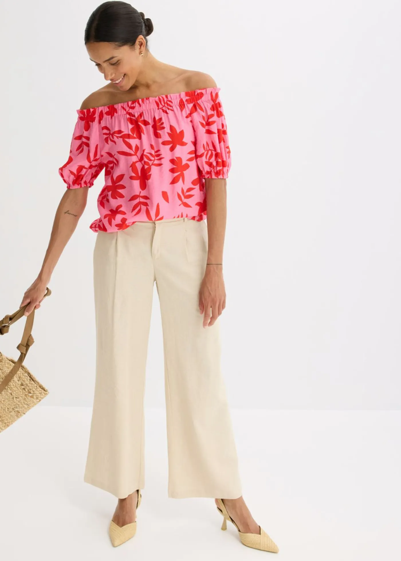 bonprix bonprix Blusa estampada de mezcla de viscosa fina con escote bañera rojo / rosa caliente Hot