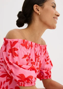bonprix bonprix Blusa estampada de mezcla de viscosa fina con escote bañera rojo / rosa caliente Hot