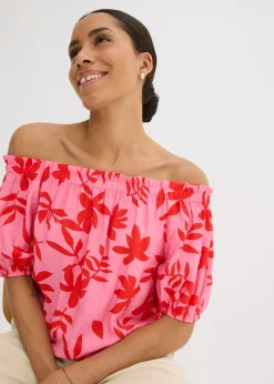 bonprix bonprix Blusa estampada de mezcla de viscosa fina con escote bañera rojo / rosa caliente Hot