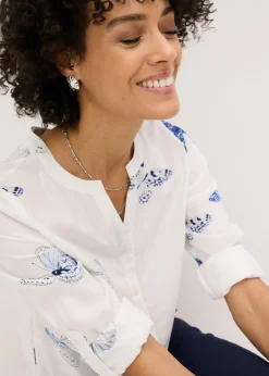 bonprix bonprix Blusa estampada de viscosa Blanco-azul estampado Sale