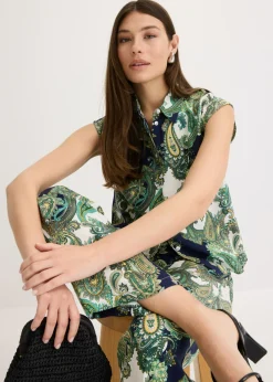 bonprix bonprix Blusa estampada de viscosa fluida azul marino-blanco-verde claro Clearance