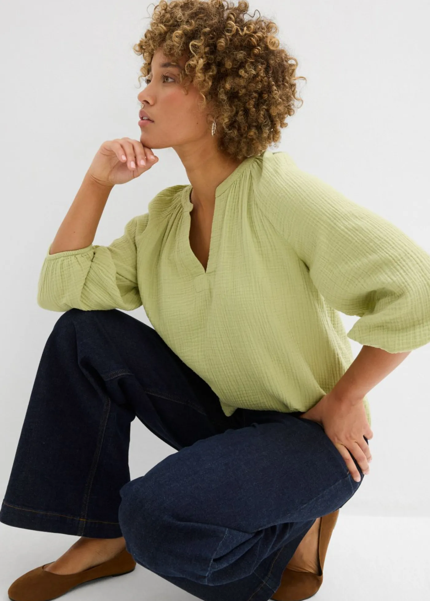 bonprix bonprix Blusa holgada de muselina Verde mineral Online