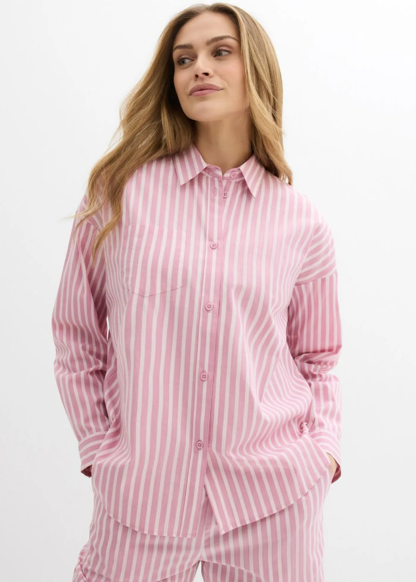 bonprix bonprix Blusa holgada de popelín de algodón malva-rosa claro rayas verticales