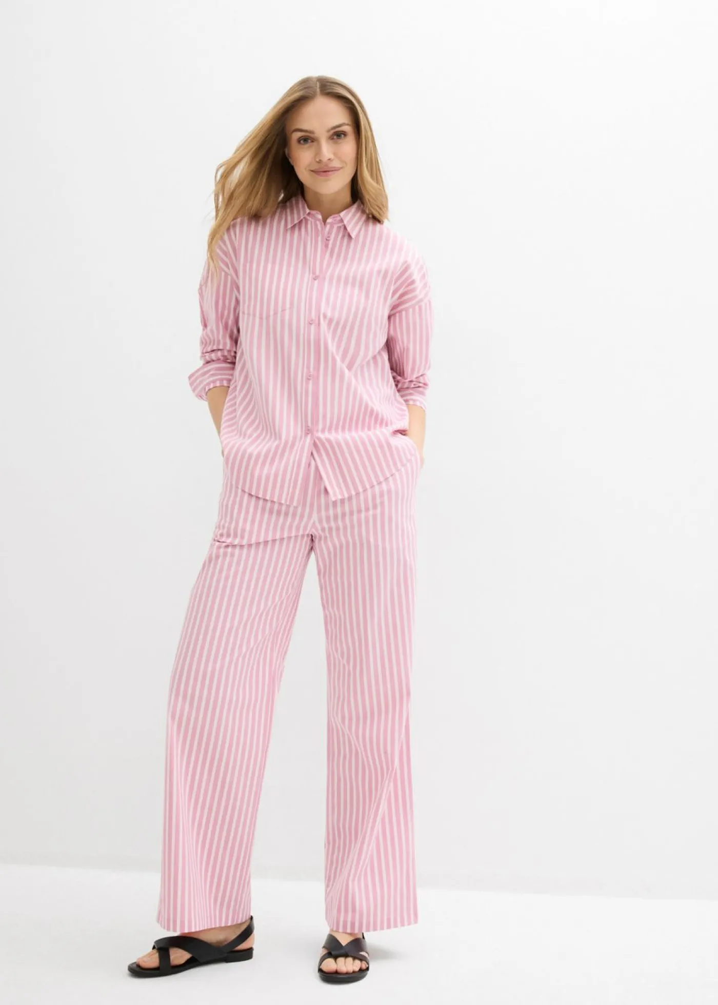 bonprix bonprix Blusa holgada de popelín de algodón malva-rosa claro rayas verticales