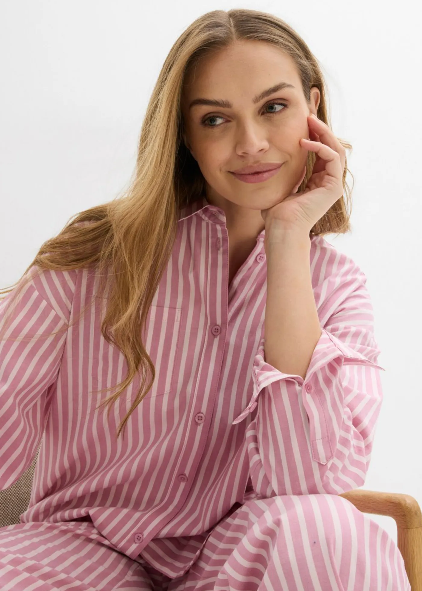 bonprix bonprix Blusa holgada de popelín de algodón malva-rosa claro rayas verticales