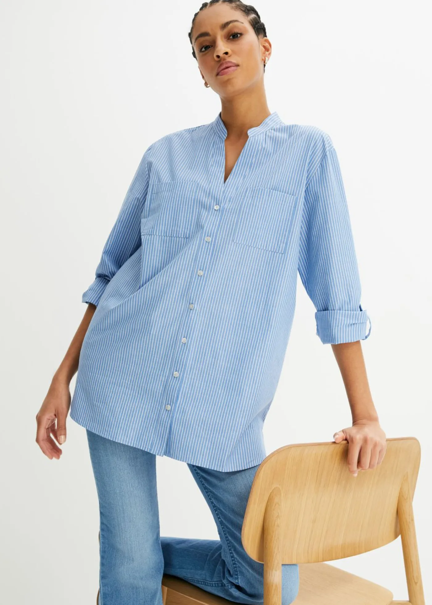 bonprix bonprix Blusa larga con mangas remangables Azul provenzal-blanco de rayas Clearance