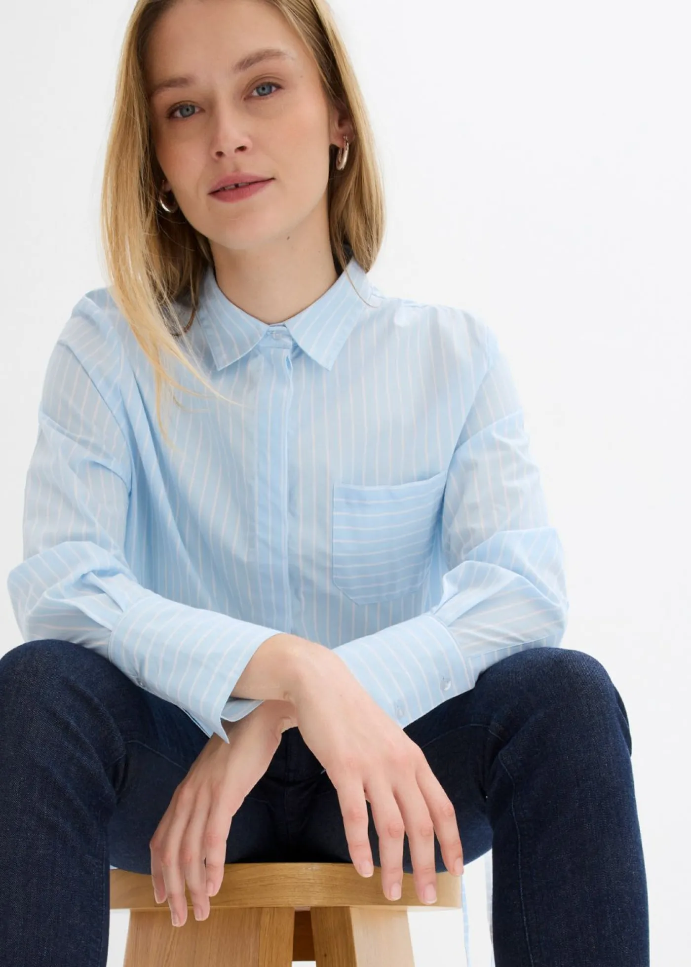 bonprix bonprix Blusa larga de algodón puro azul hielo-blanco con rayas Outlet