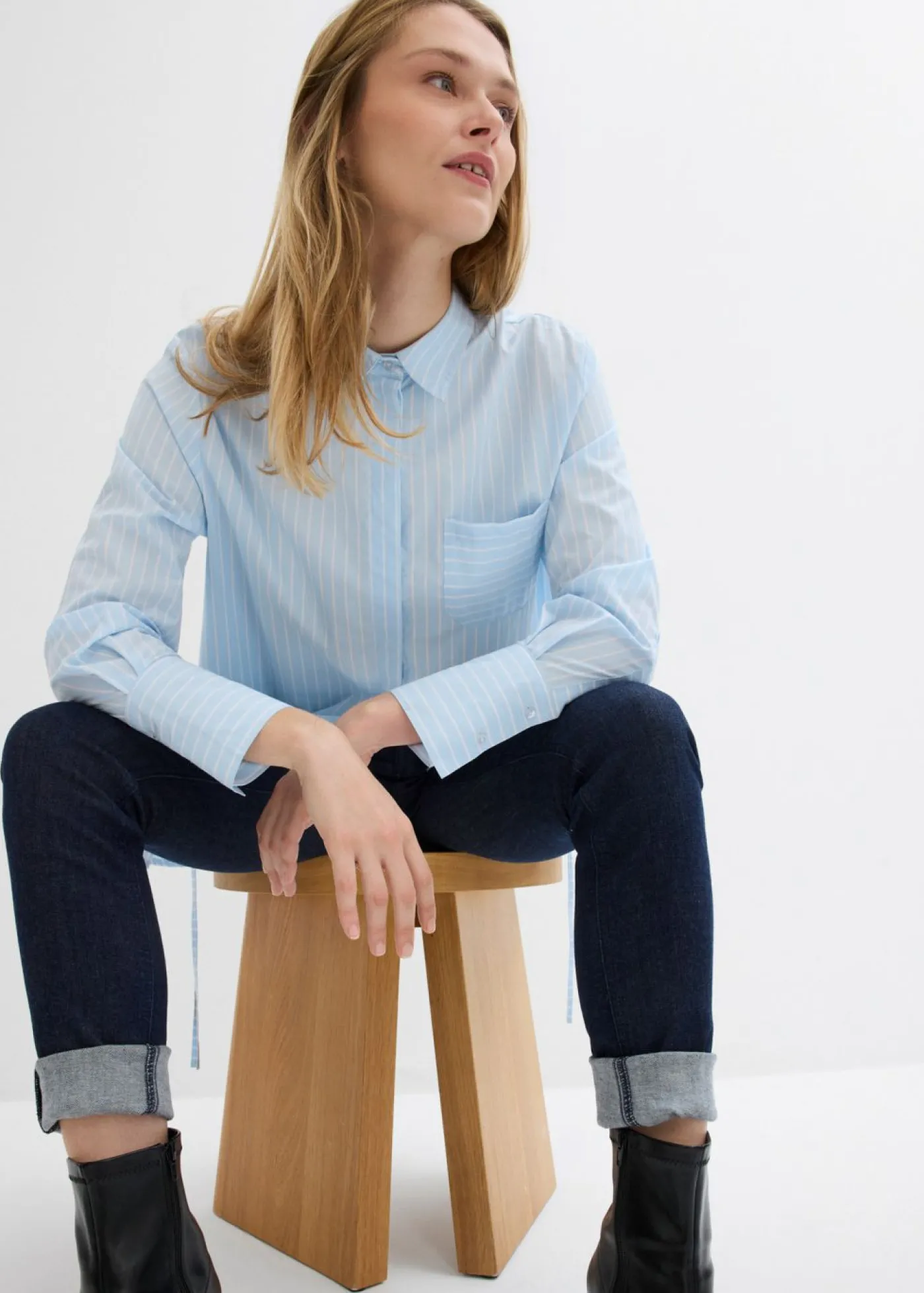 bonprix bonprix Blusa larga de algodón puro azul hielo-blanco con rayas Outlet