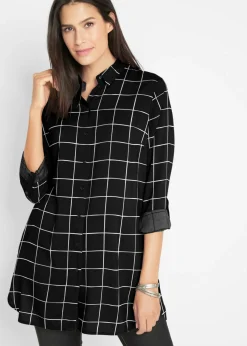bonprix bonprix Blusa larga de cuadros con bolsillos Negro-blanco lana de cuadros Outlet