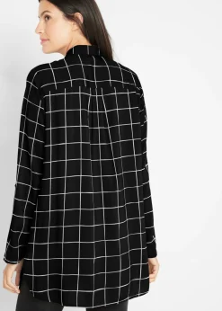 bonprix bonprix Blusa larga de cuadros con bolsillos Negro-blanco lana de cuadros Outlet