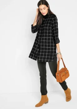 bonprix bonprix Blusa larga de cuadros con bolsillos Negro-blanco lana de cuadros Outlet