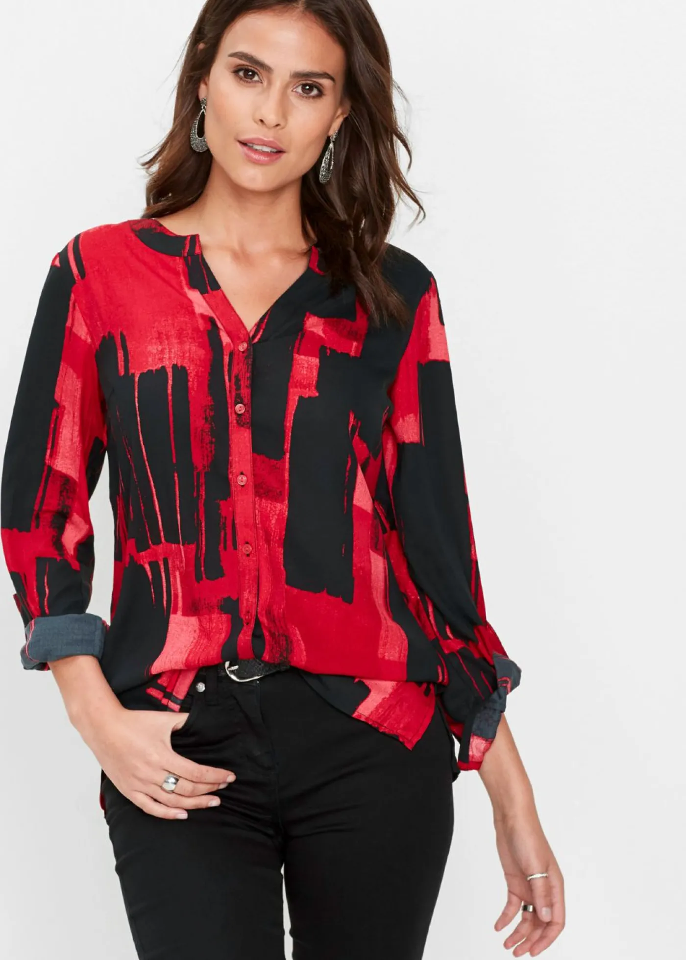 bonprix bonprix Blusa larga de gasa con estampado Rojo-negro Clearance