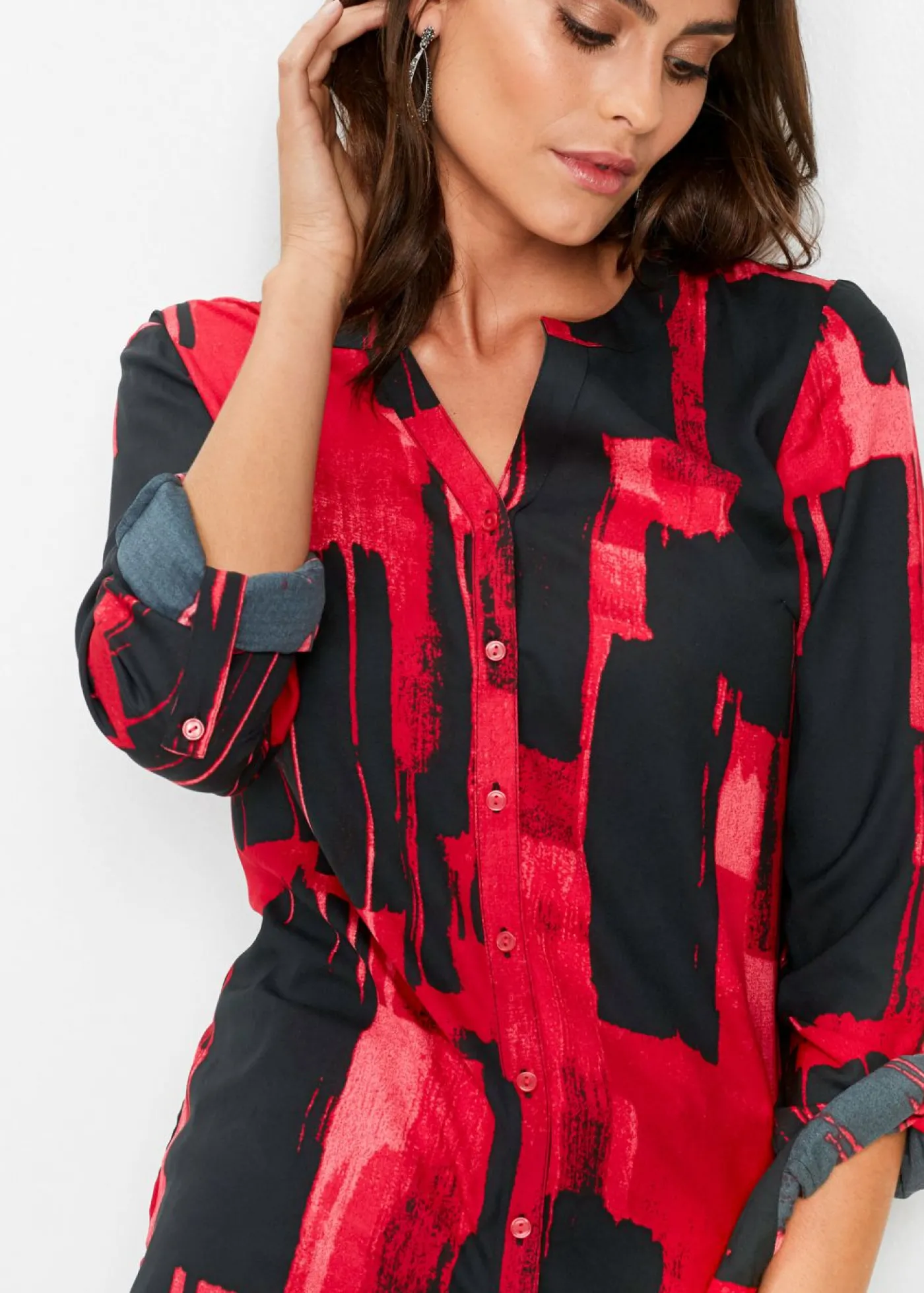 bonprix bonprix Blusa larga de gasa con estampado Rojo-negro Clearance