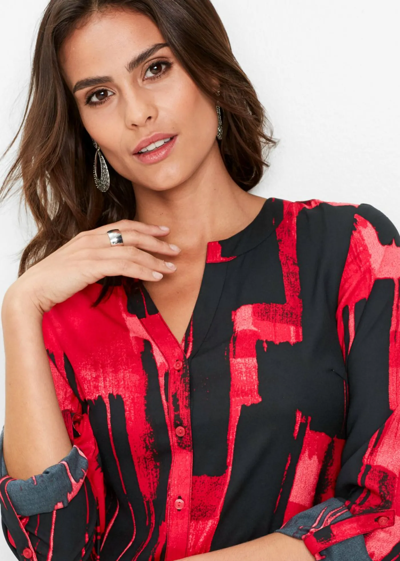 bonprix bonprix Blusa larga de gasa con estampado Rojo-negro Clearance