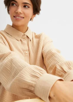 bonprix bonprix Blusa larga de muselina con corte holgado Café con leche Discount