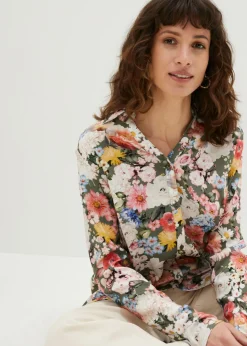 bonprix bonprix Blusa larga de viscosa fluida Verde oliva con estampado de flores Sale