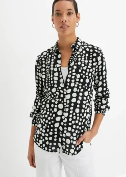 bonprix bonprix Blusa larga estampada de viscosa fluida negro / crema suave topos Online