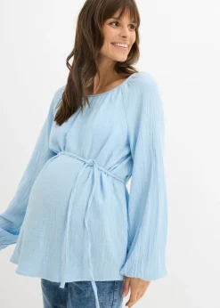 bonprix bonprix Blusa premamá de muselina pura de algodón Azul claro Online