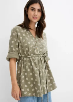 bonprix bonprix Blusa premamá/de lactancia de muselina de algodón puro Verde oliva-blanco lana Best