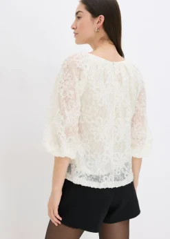 bonprix bonprix Blusa sin cierre con estampado floral texturizado Crema Online