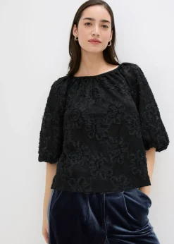 bonprix bonprix Blusa sin cierre con estampado floral texturizado Negro New
